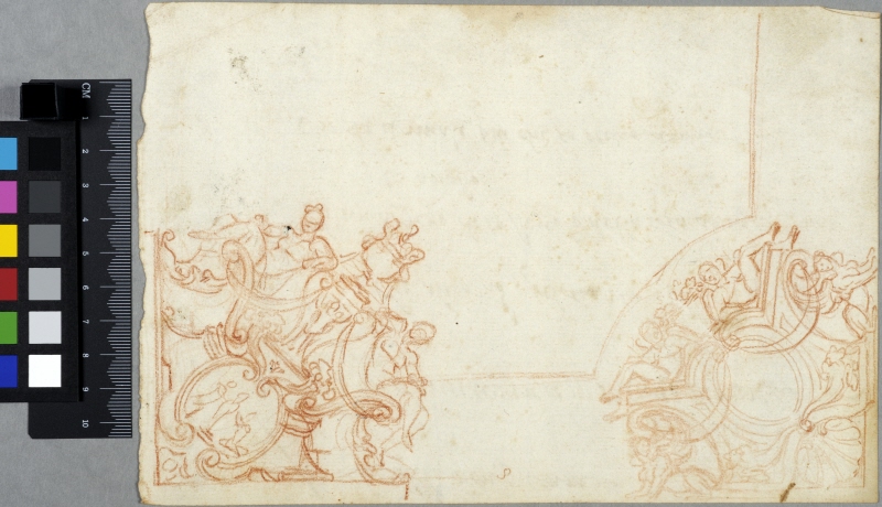 Two Drafts for Corners of a Ceiling Decoration. Both with medallions, urns and flanking figures