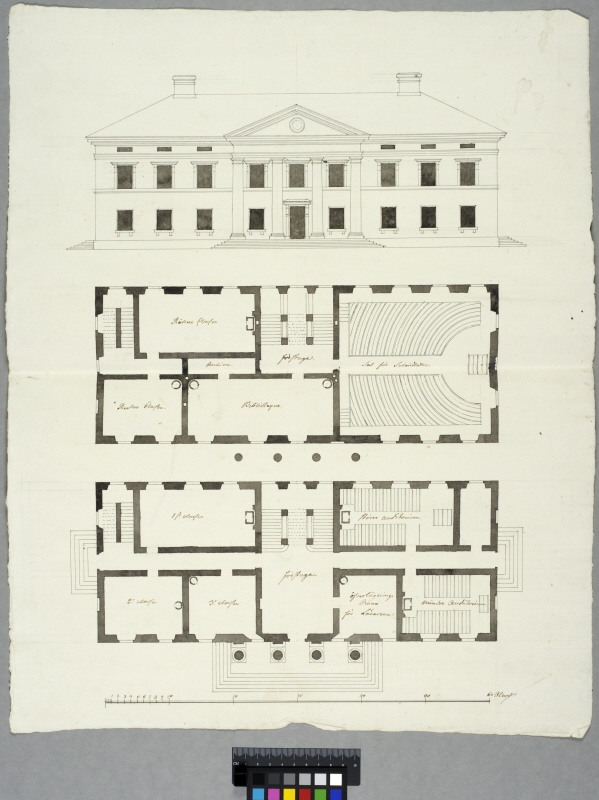 Design for an Upper Secondary School in Gävle. Front elevation and ground floor and first floor plans