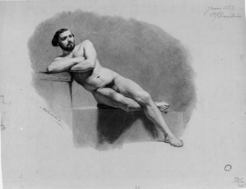 Halvliggande manlig, naken modell