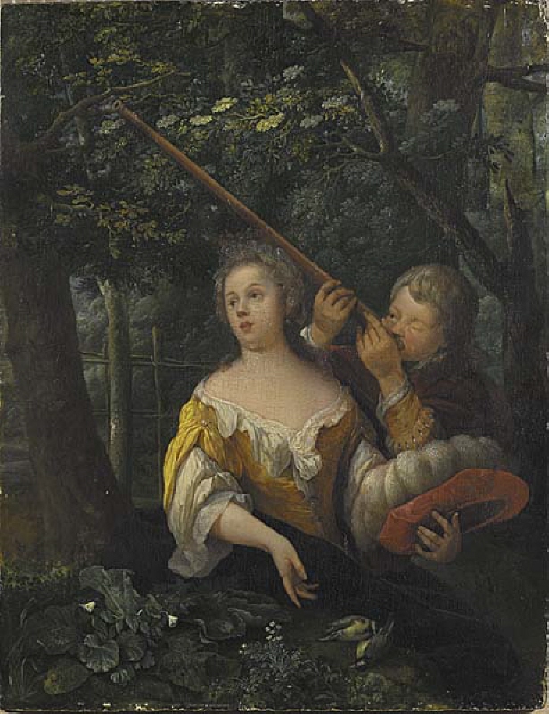 A Girl and a Boy Aiming at Birds with Pea-shooters