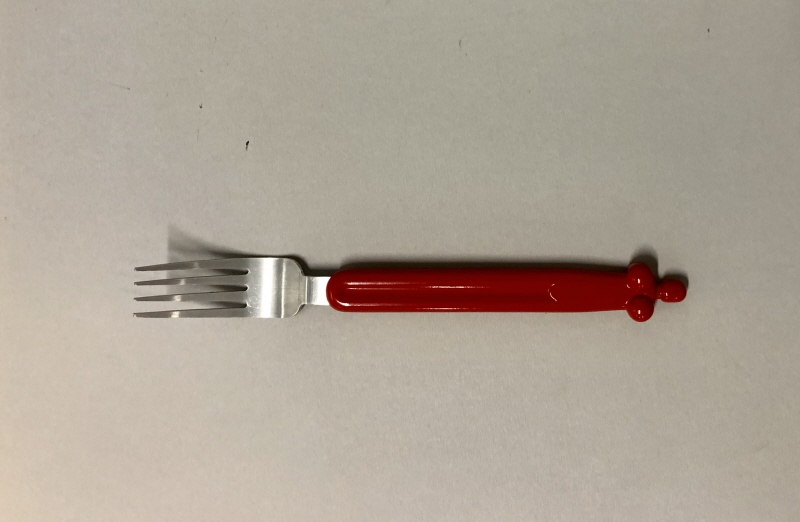 Prototyp till bestick, gaffel, plastskaft i form av kvinnokropp, röd