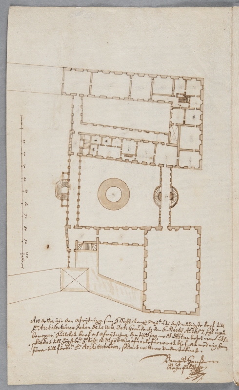 Stockholms slott. Ombyggnadsprojekt från mars 1657. Plan av översta våningen. Sammanhäftat dokument innehållande planritningen och ett memorial med explikationer.