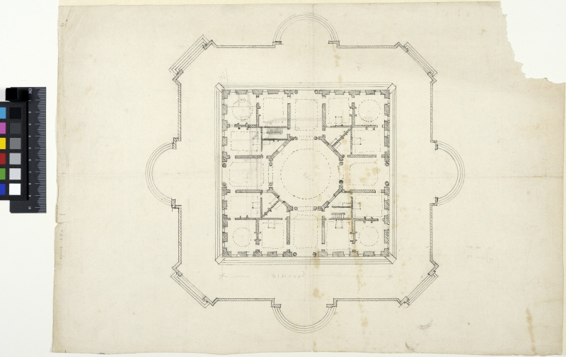 Slottet i Marly. Plan av kungliga paviljongen, bottenvåningen, samt delar av övervåningen antydd