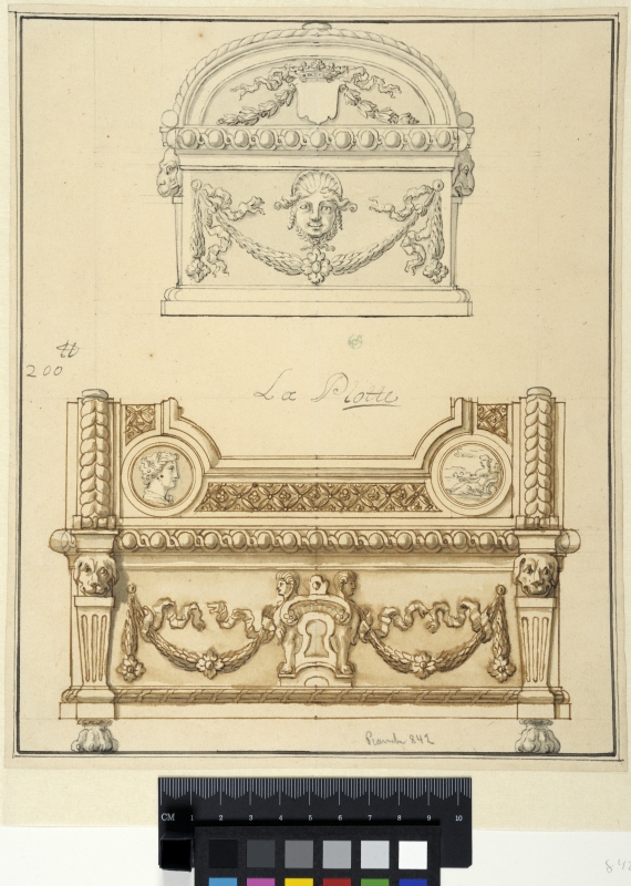 Pelote de toilette from the Toilet Set of the Countess Oxenstierna. Front and side views