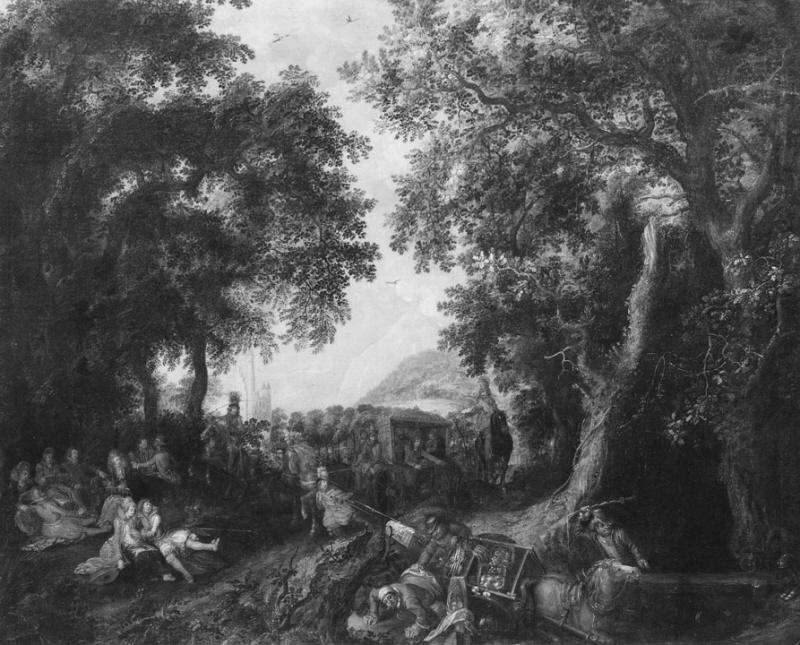Landscape with a Hunting Party and an Overturned Wagon