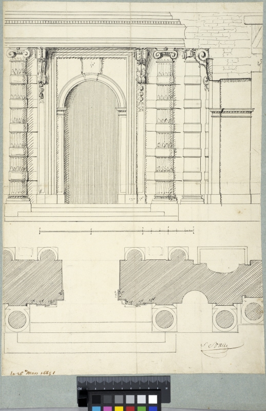 The Tuileries, Paris. Elevation, section and plan of the courtyard entrance