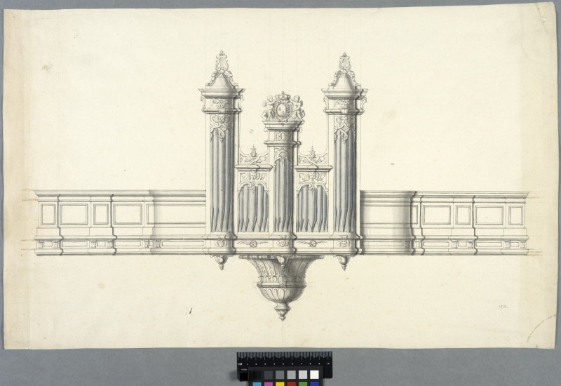 Saint-Quentin, Frankrike: elevation av nedredelen på orgeln ('kammarorgel'?), med läktarskrank