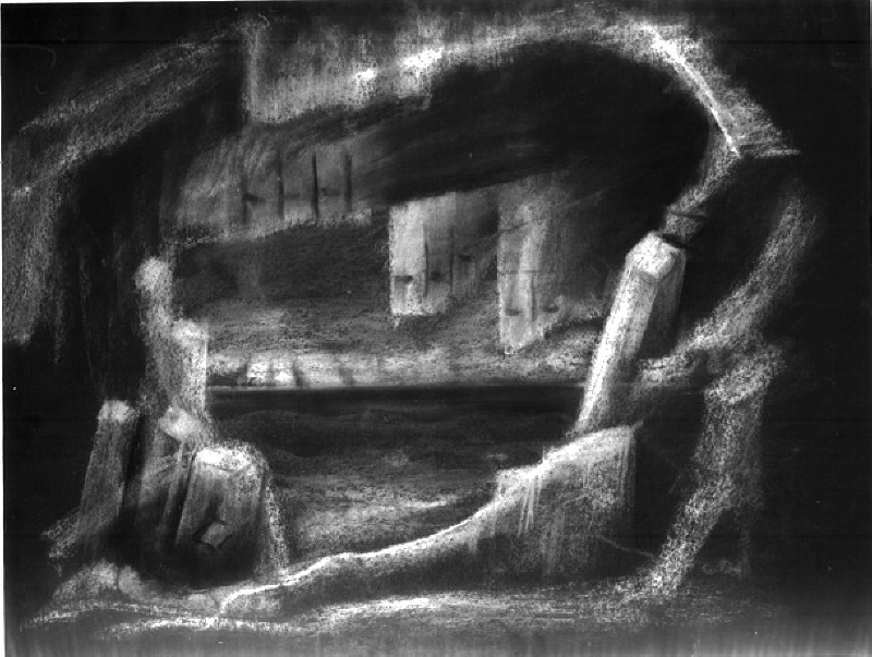 Skiss till Fingalsgrottan (grottvariant 1) i "Ett drömpel" av Strindberg. Dramaten 1935