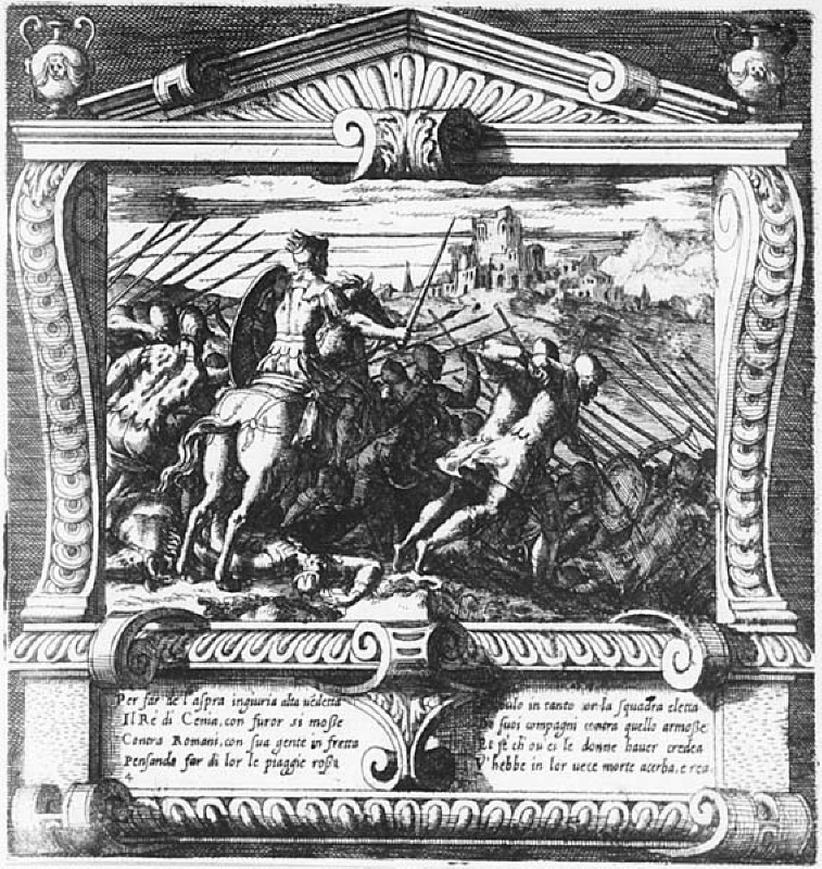 Striden mellan Acron och Romulus. Romulus och Remus, blad 4 av 6.