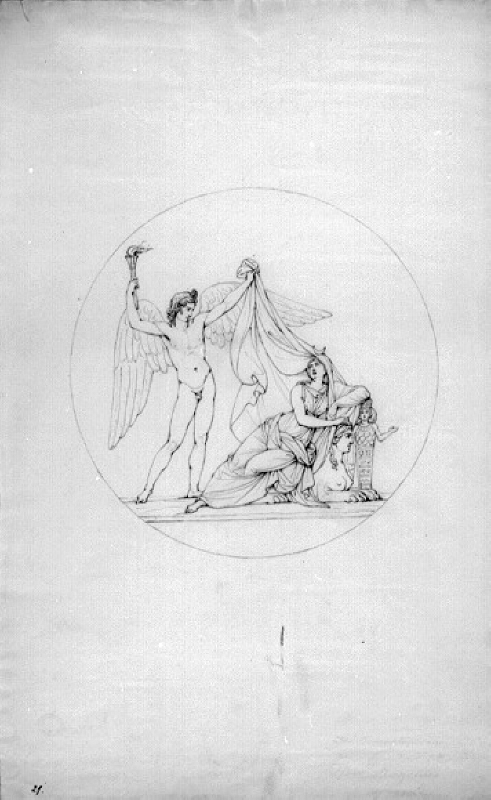 Medaljförslag. Genius med fackla, Berzelius samt Artemis sittande på en sfinx