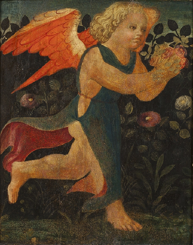 Putto in front of a Hedge of Roses