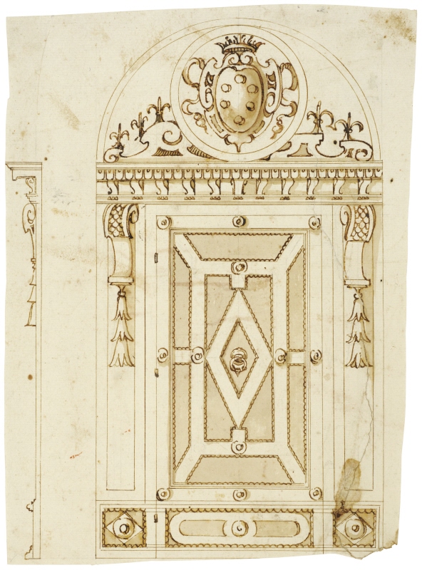 Florence?: design for a door surmounted by the Medici coat of arms, perspectival elevation and side view