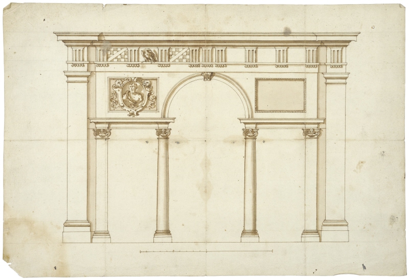 Rome: Palazzo Mattei di Giove. Elevation of a Doric loggia with a serliana, c. 1600
