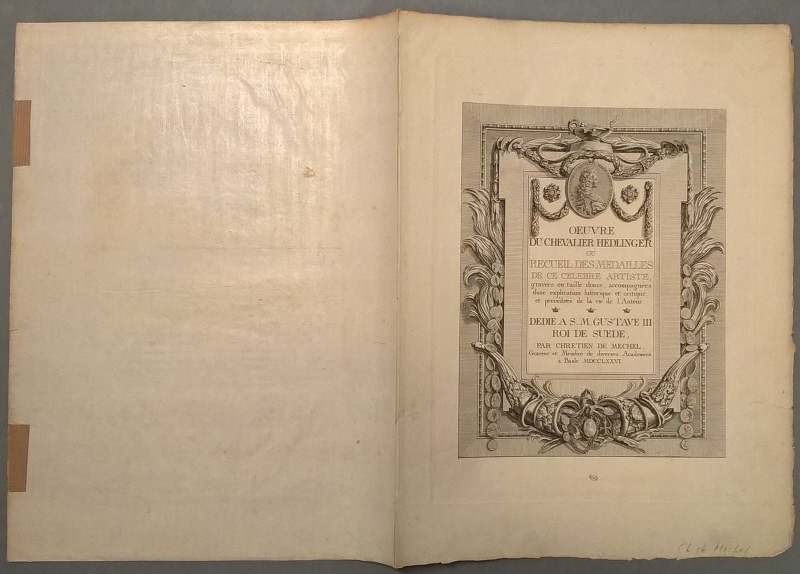 40 kopparstick och 2 graverade fronstespiser samt 1 titelblad i en bok om Johann Carl Hedlingers (1691-1771), schweitzisk medaljkonstnär, verk