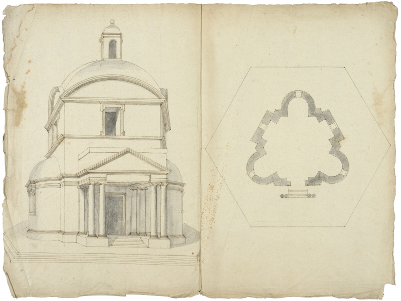 Location unknown: design of a hexagonal chapel (Chapel of Saint-Michel at the Château of Saint-Germain-en-Laye?), perspectival elevation (left) and plan (right)