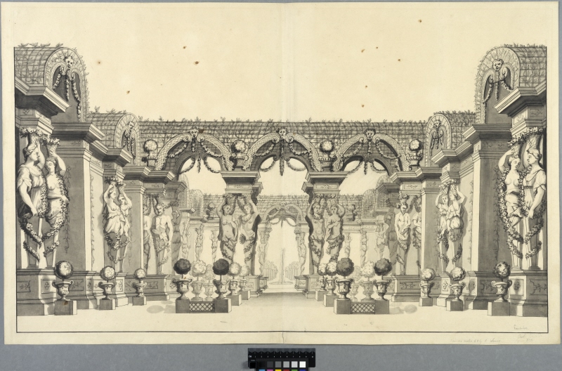 Decor for theatre, herms carrying an arcade/pergola in a garden