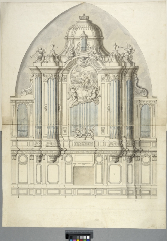 Saint-Quentin, Frankrike; Elevation av orgelfasaden i Saint-Quentin med infälld tavla föreställande den heliga Cecilias halshuggning