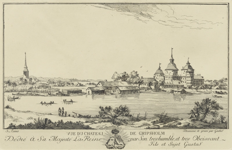 Vy av Gripsholms slott tillägnad modern drottning Lovisa Ulrika, ca 1760