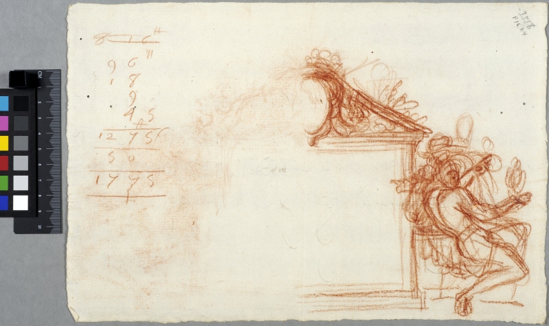Draft for Inscription Tablet with Triangular Pediment and Flanked by Supporting Figure.
