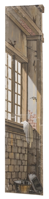 Del av kuliss till "En bondstuga" (det inre)", 9 delar: Kuliss för högra delen av scenen, vägg med fönster