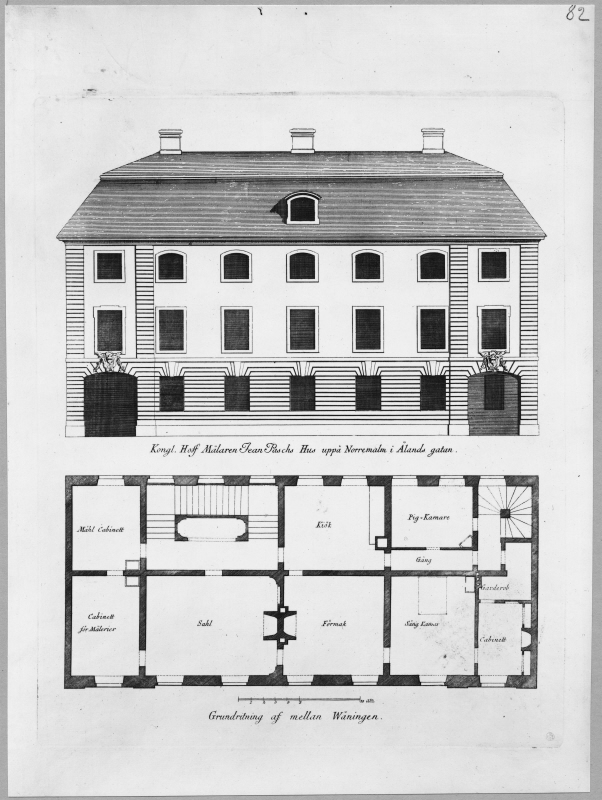 Kungl. hovmålaren  Johan Paschs hus, elevation av fasaden och plan av mellanvåningen.