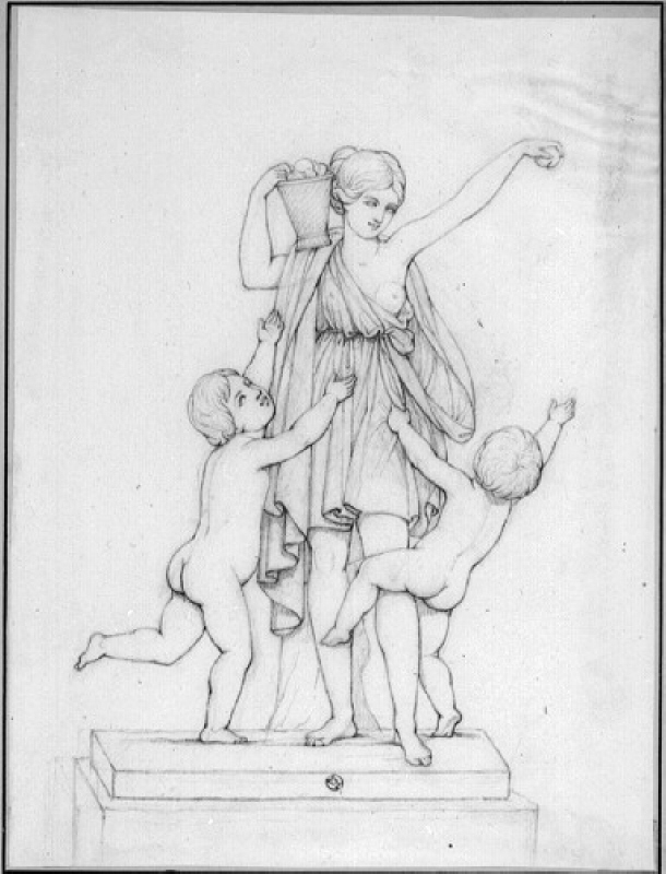 Skulpturgrupp. Kvinna med fruktkorg och två putti
