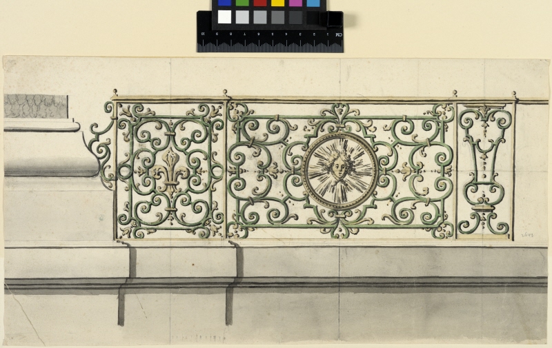 Design for a Wrought Iron Balustrade with the Sum Emblem and a Fleur-de-Lis, for the Château de Marly