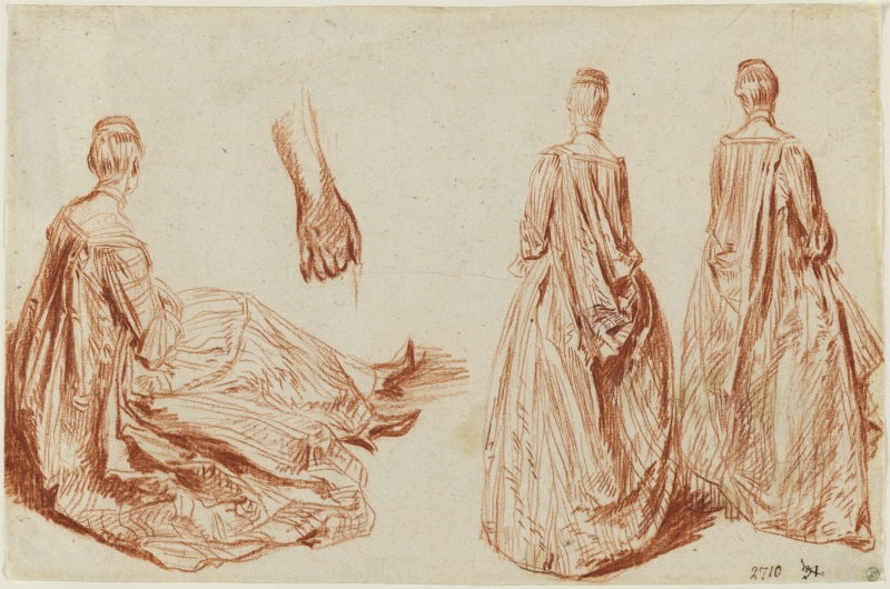 Tre studier av en kvinna: en stående, två sittande samt studie av hand