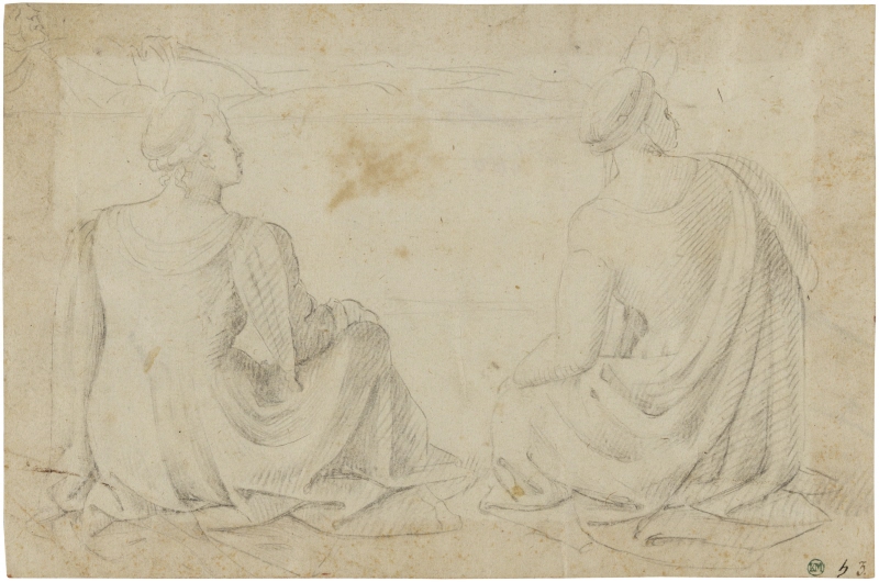 Två sittande kvinnor, sedda från ryggen