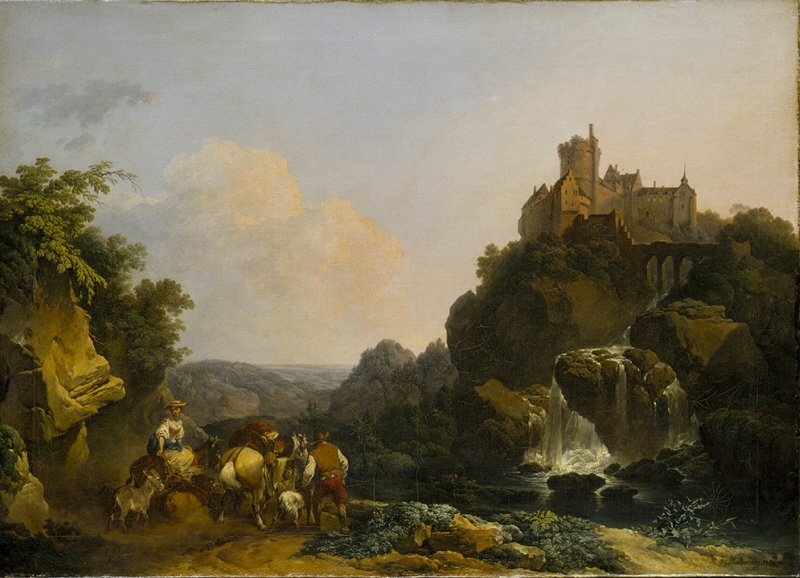 Landscape with Waterfall, Castle and Peasants