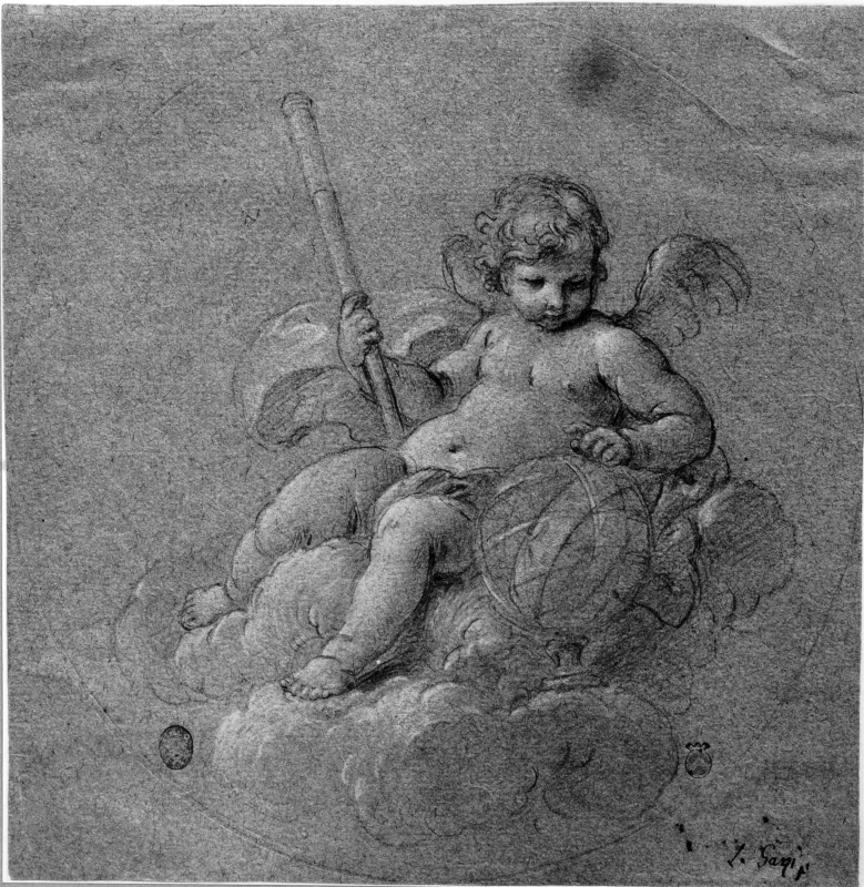 Winged putto seated on a cloud with a telescope in his right hand and an Armillary Sphere to his left