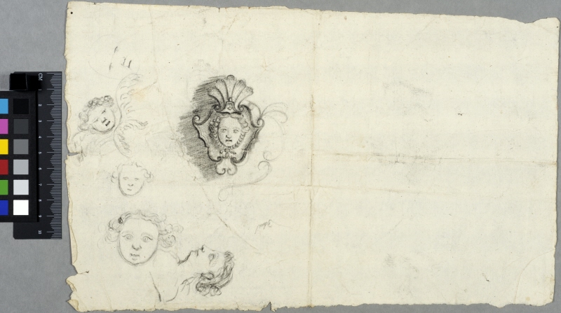 Sketches of Faces of Children and Women, One of Them in a Cartouche with a Mascaron and a winged angelhead (seraph)