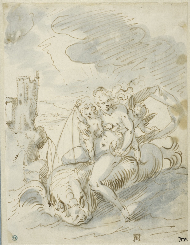 A Female Figure with Two Putti Astride a Dolphin