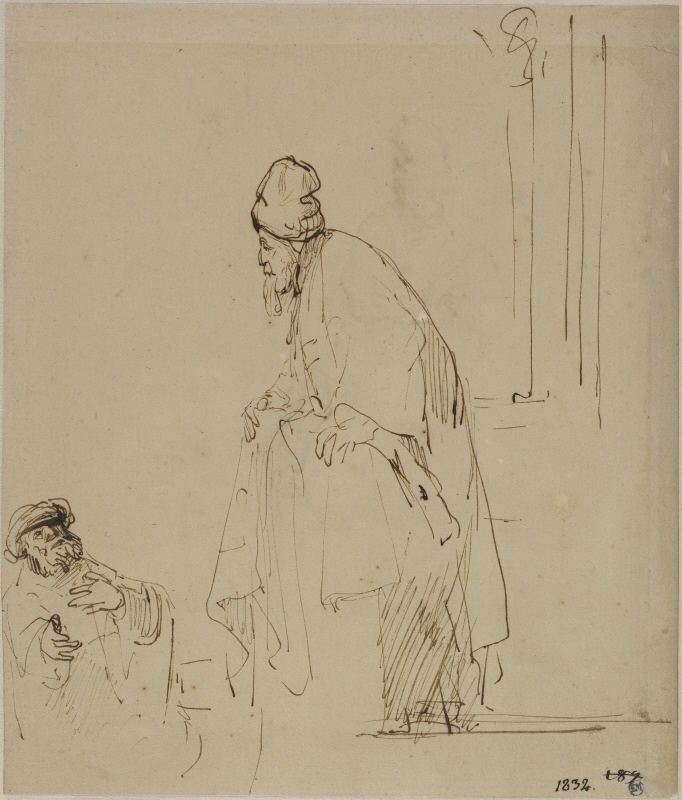 Old Man at a Pulpit and a Man Kneeling Below