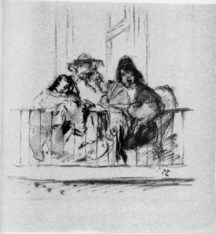 Tre figurer på en balkong
