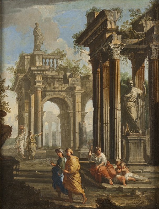 Pilgrims: Corinthian Colonnades Framing a Female Statue, RuinedDoric Arcade with Column Projections and Female Statue, and Vase Coulisse