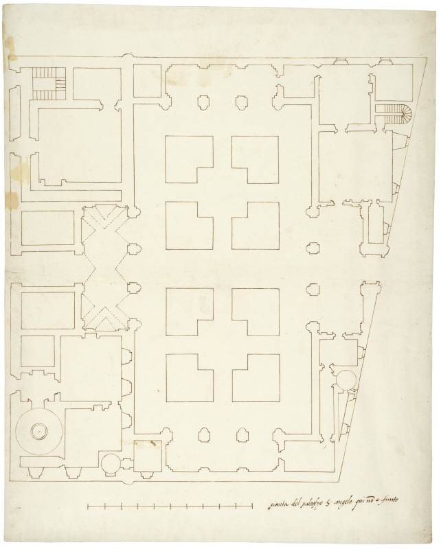 Plan av italienskt palats med innergård, "pianta del palatszo S. angelo qui no e finito". Troligen projekt för Palazzo Farnese i Rom