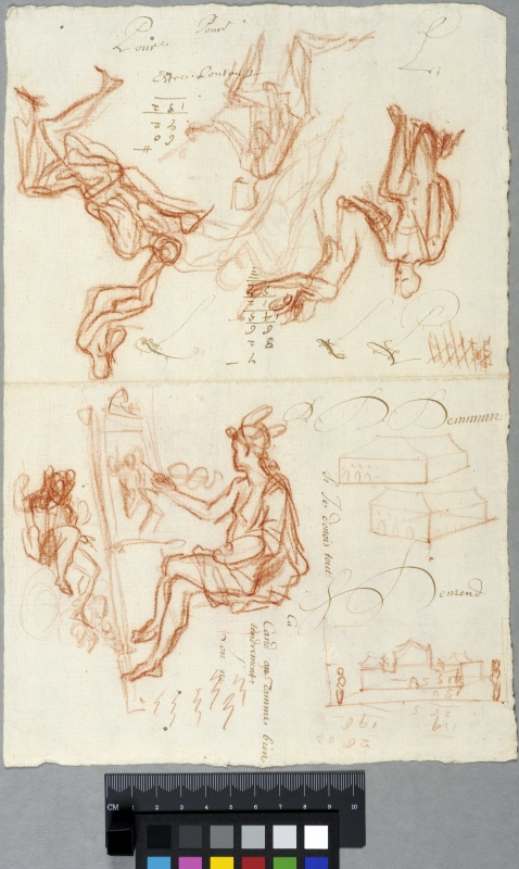 Ett flertal figurskisser, bl.a. Hermes målande vid ett staffli, och perspektivskisser av byggnader.