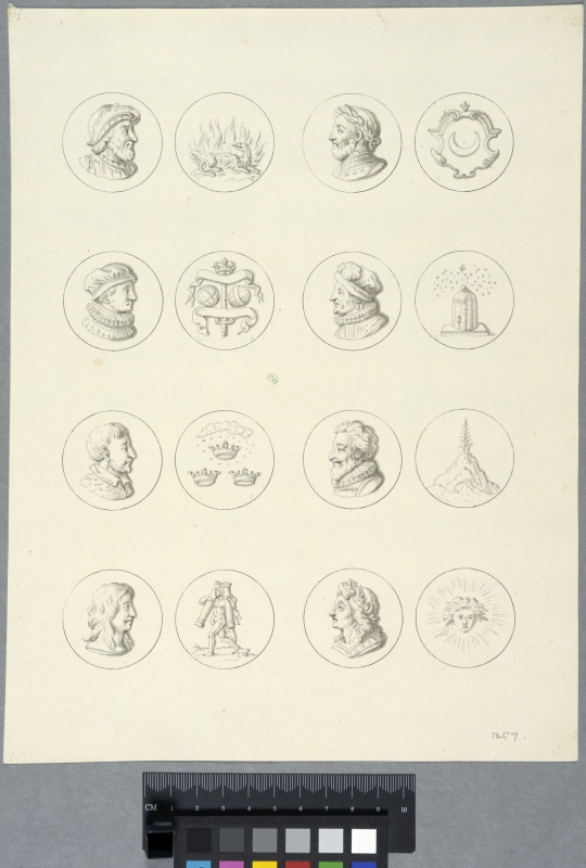 The Louvre, Paris, Tessin's First Proposal. 16 Medallions for the spandrels of the circular courtyard
