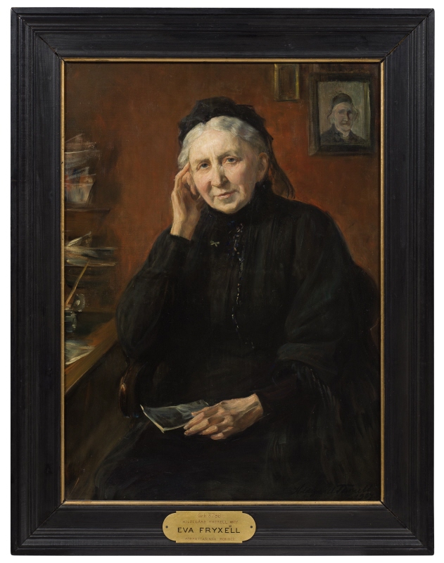 Eva Fryxell (1829-1920), författare, aktiv i kvinnorörelsenI bakgrunden porträtt av fadern: Anders Fryxell (1795-1881)